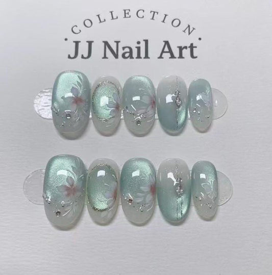 Hand Painted Crystal Nlue Cat Eye Petals Press On Nails: Reusable Set