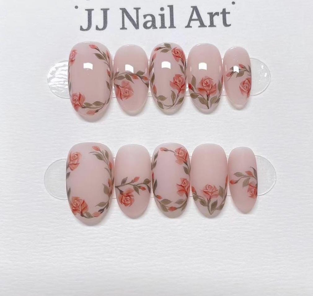Rose Vines Hand Painted Press On Nails: Custom Shape Reusable Nail Set
