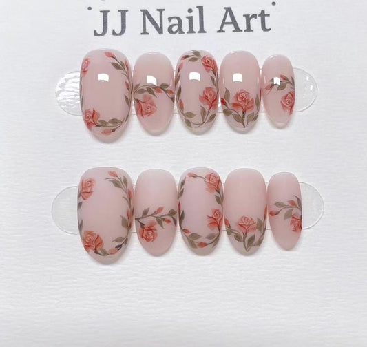Rose Vines Hand Painted Press On Nails: Custom Shape Reusable Nail Set
