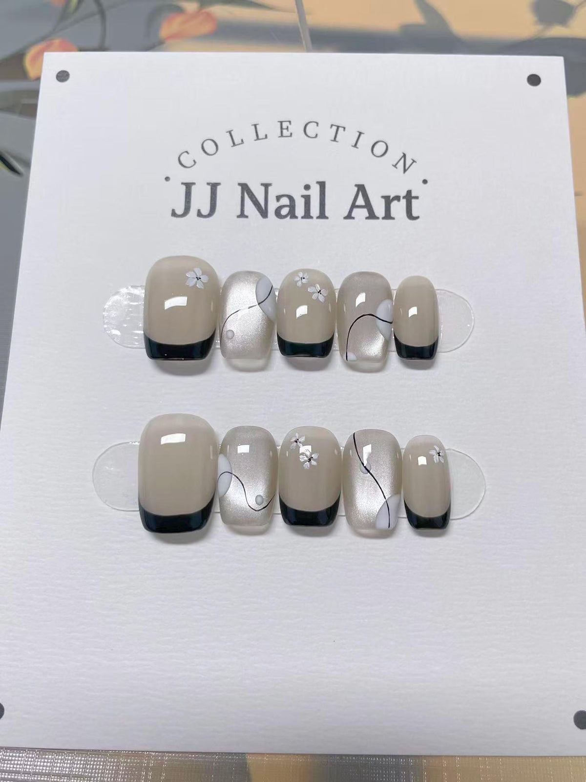 Handmade Black French With Petals Press On Nails: Custom Shape Reusable Nail Set