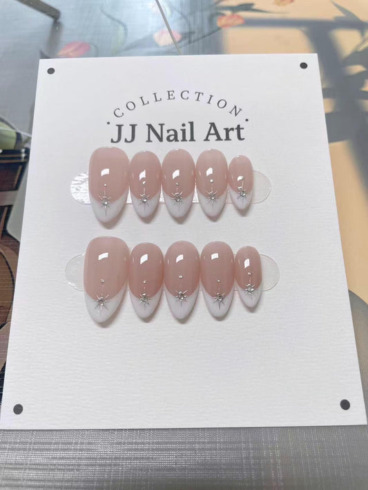 White French Handmade Press On Nails: Reusable Custom Shape Set