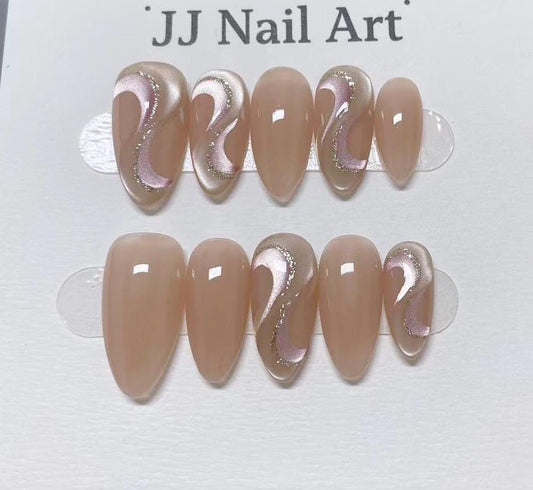 Cat Eye Belt Hand Painted Press On Nails: Custom Shape Reusable Nail Set