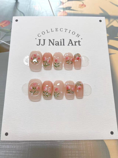 Handmade Pink Flowers Nude Press On Nails: Floral French Reusable Set