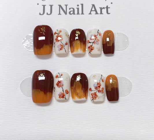 Cherry Blossom Hand Painted Press On Nails: Custom Shape Reusable Nail Set