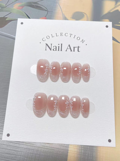 White Petals French Tip Press On Nails: Hand Painted Reusable Faux Nails