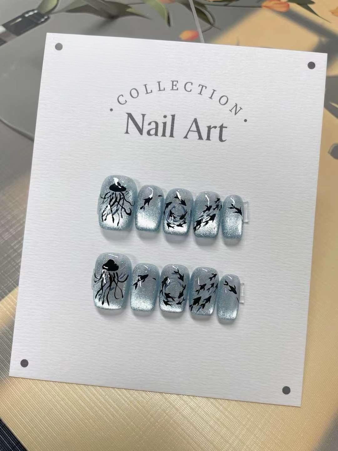 Handmade Winter Cats Press On Nails: Reusable Gel Faux Nails