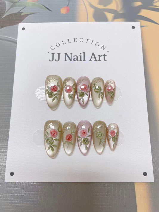 Vintage Roses Cat Eye Press On Nails: Hand Painted Water Color Reusable Fake Nails