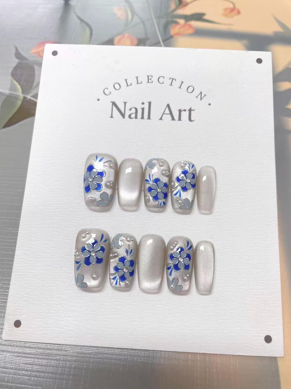 Blue Flowers Cat Eye Press On Nails: Hand Painted Reusable Faux Nails