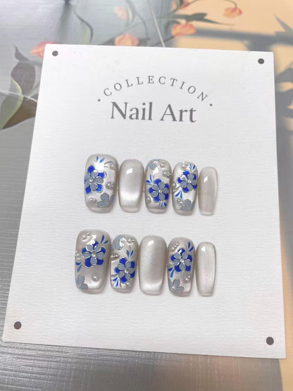 Blue Flowers Cat Eye Press On Nails: Hand Painted Reusable Faux Nails