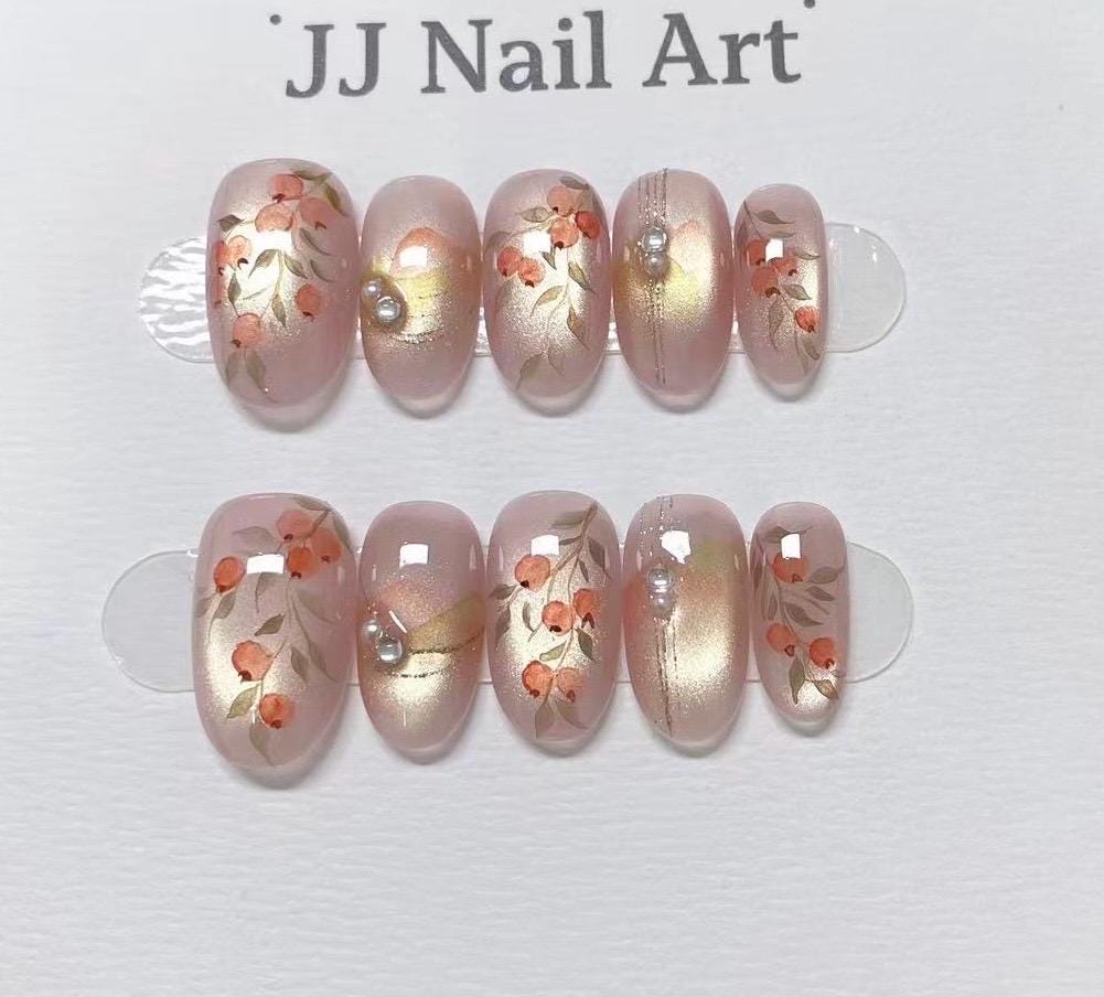 Fruits Cat Eye Hand Painted Press On Nails: Custom Shape Reusable Nail Set