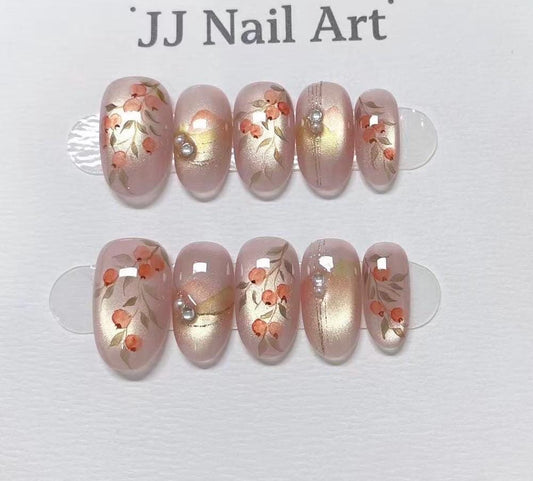 Fruits Cat Eye Hand Painted Press On Nails: Custom Shape Reusable Nail Set