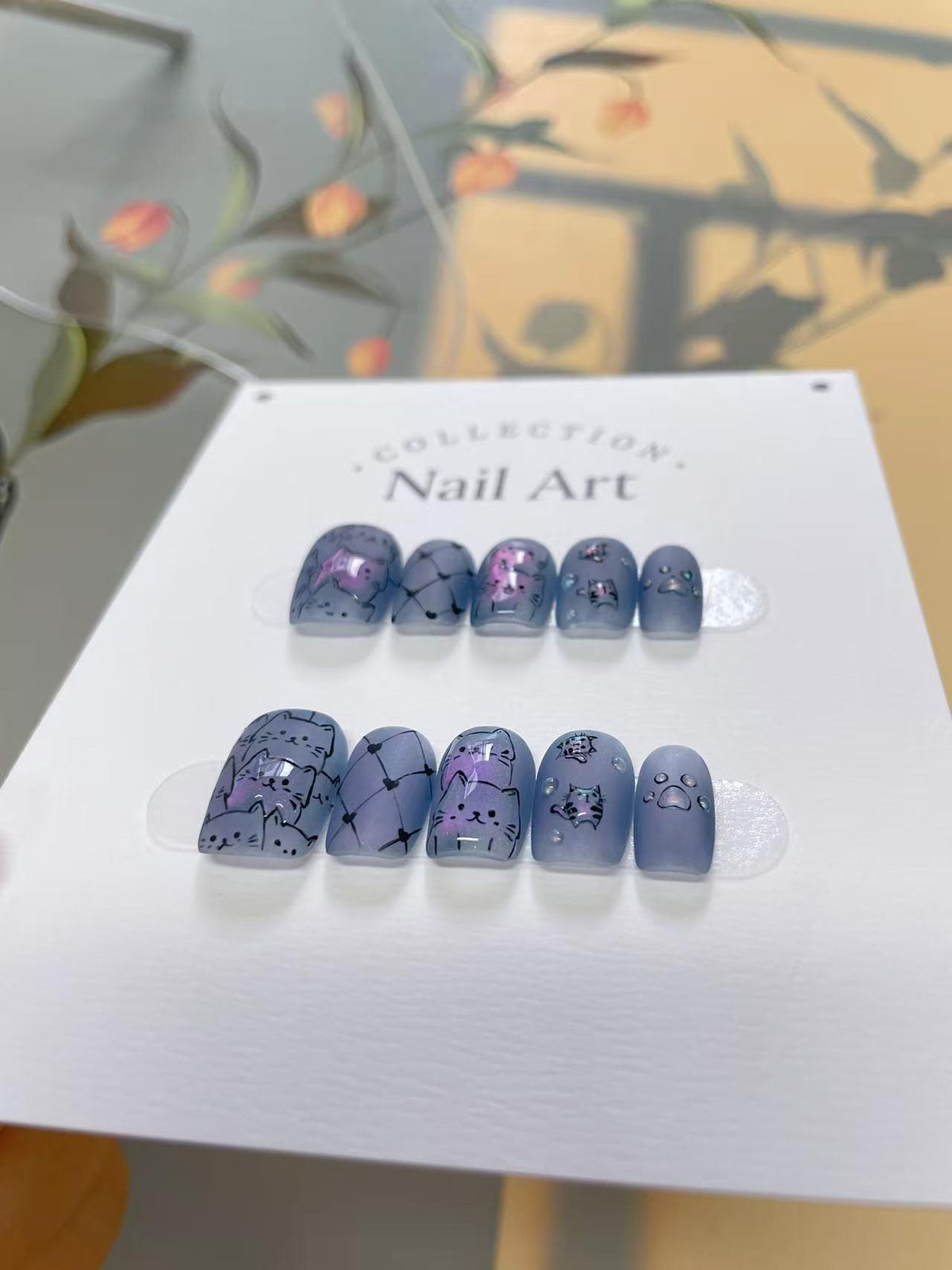 Lenticular Blue Cats Press On Nails: Hand Painted Reusable Faux Nails