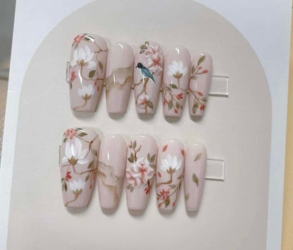 Hand Painted Floral Bird Press On Nails: Reusable Gel Faux Nails