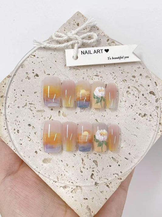 Hand Painted Sunset Flower Press On Nails, Reusable Faux Nails