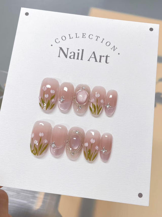 Pink Tulip Press On Nails: Hand Painted Reusable Faux Nails