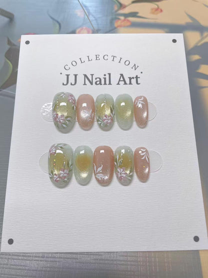 Handmade Blooming Flowers Green Cat Eye Press On Nails: Reusable Nail Set