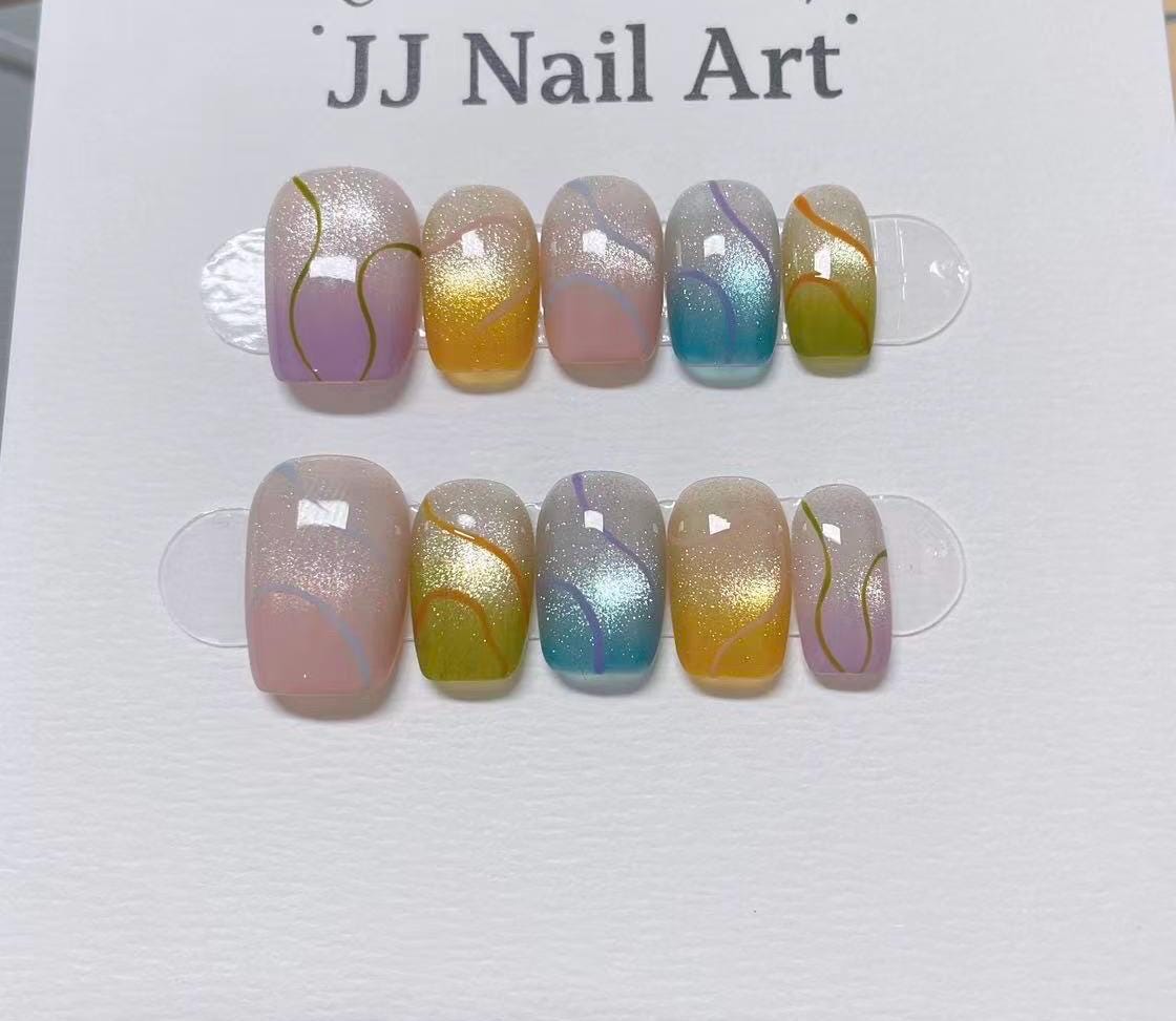 Colorful Patterns Hand Painted Press On Nails: Custom Shape Reusable Nail Set