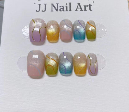Colorful Patterns Hand Painted Press On Nails: Custom Shape Reusable Nail Set