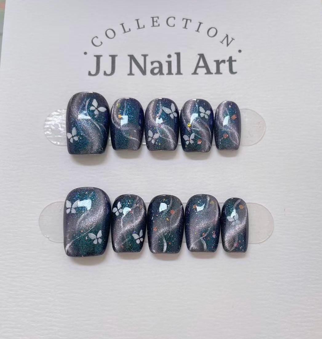 Handmade Aurora Cat Eye Press On Nails: Custom Shape Reusable Set