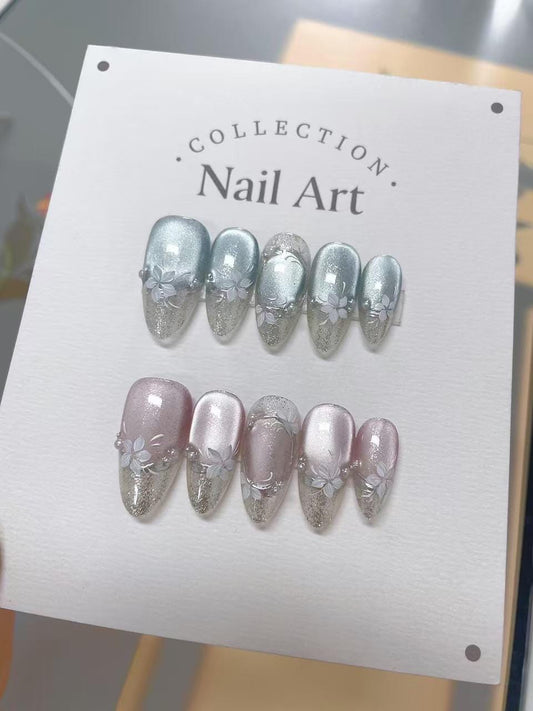 Hand Painted Press On Nails: Pink & Blue Flower Design, Reusable Faux Nails