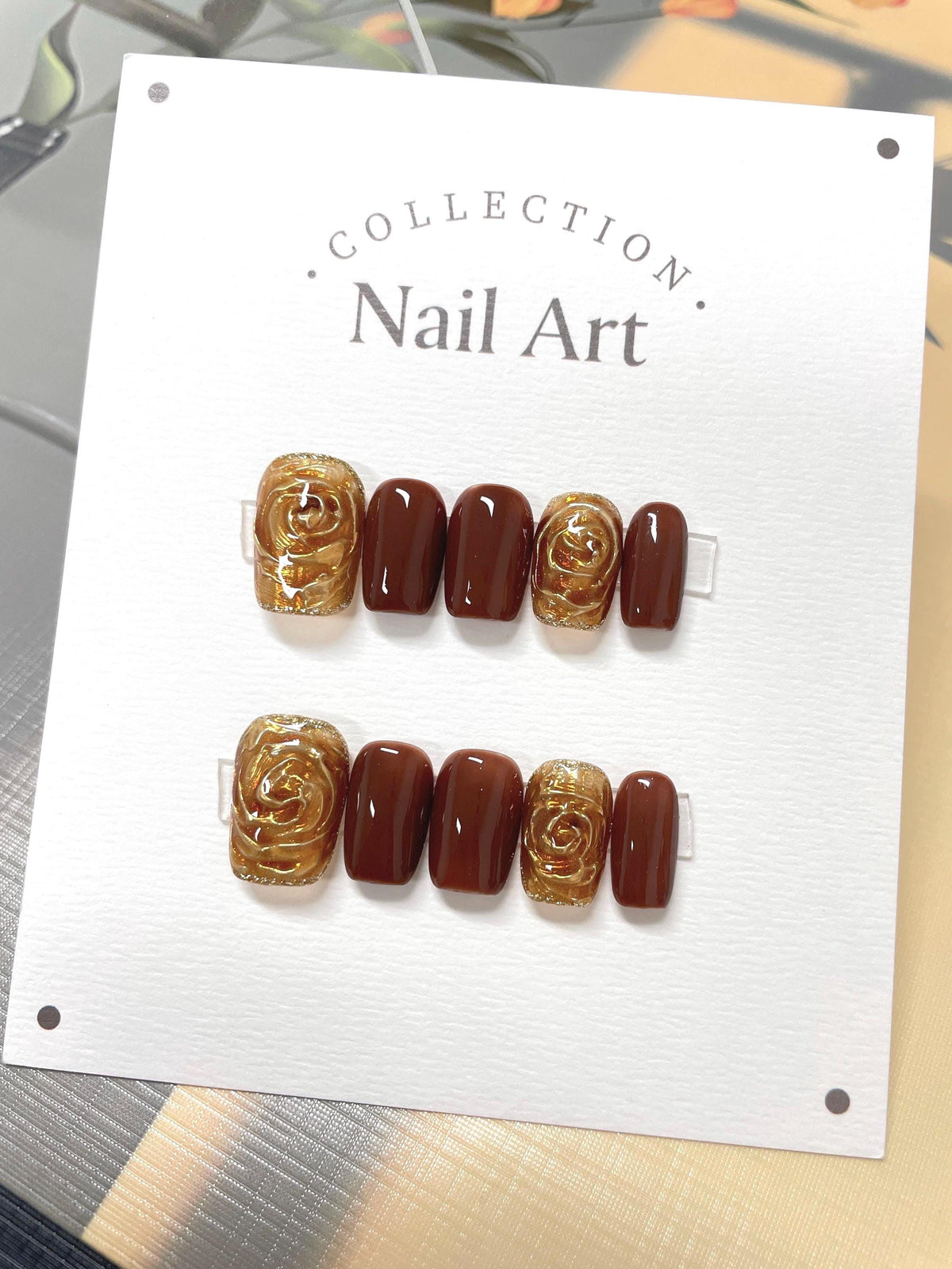 Handmade Fall Rose Press On Nails: Brown & Gold Gel, Reusable