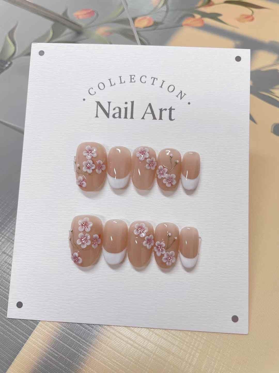3D Flower Press On Nails: Handmade Gel Reusable False Nails