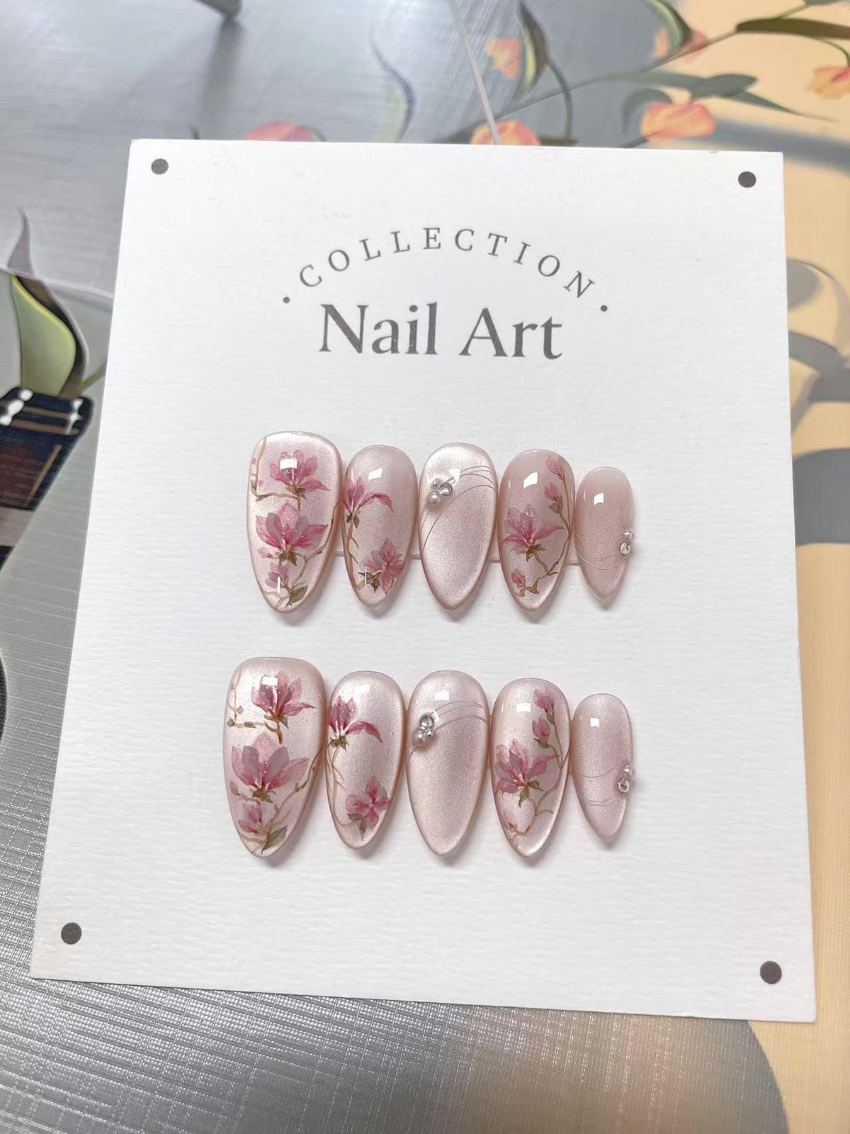 Hand Painted Press On Nails: Pink Flowers Cat Eye, Reusable Faux Nails