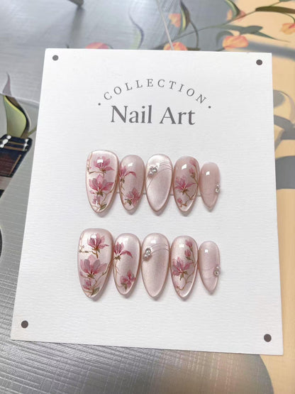 Hand Painted Press On Nails: Pink Flowers Cat Eye, Reusable Faux Nails