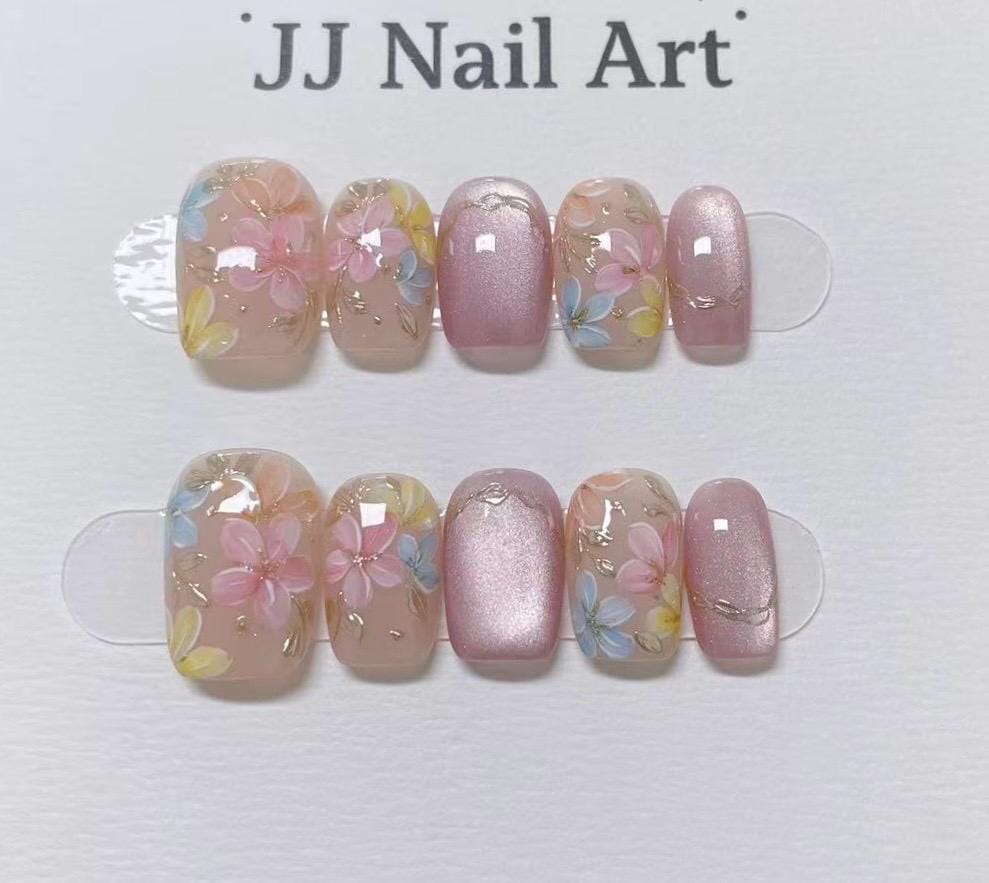 Colorful Petals Press On Nails: Reusable Custom Shape Set