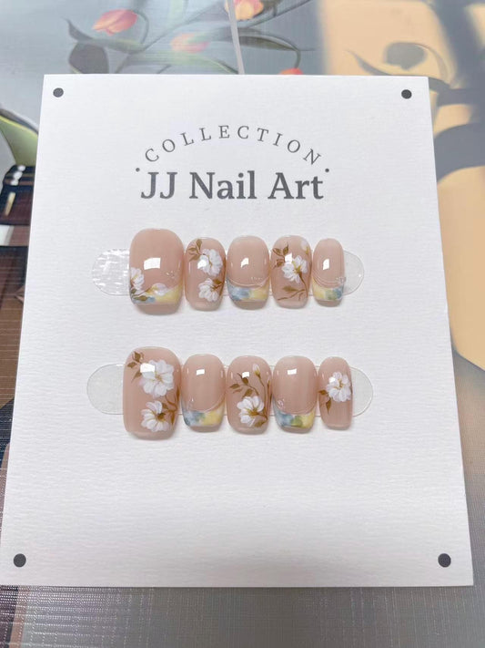 White Flowers French Hand Painted Press On Nails: Custom Shape Reusable Nail Set