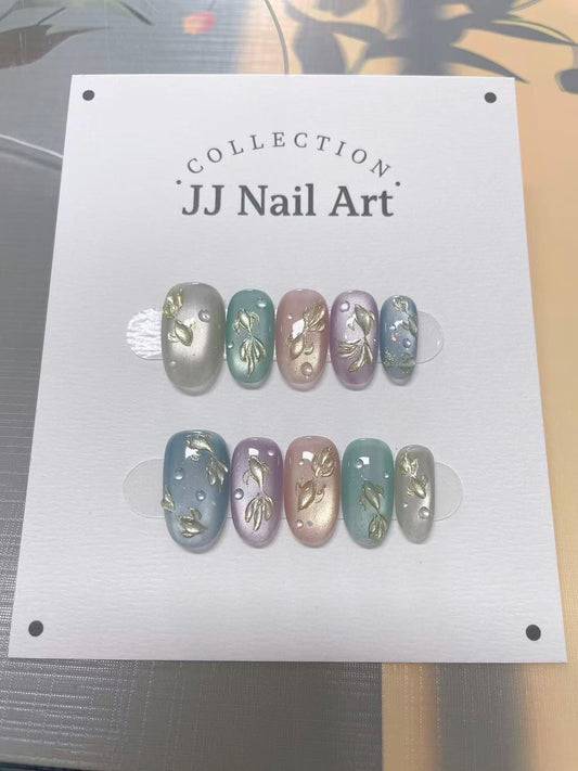 Hand Painted Fish Press On Nails: Cat Eye Reusable Custom Nail Shape