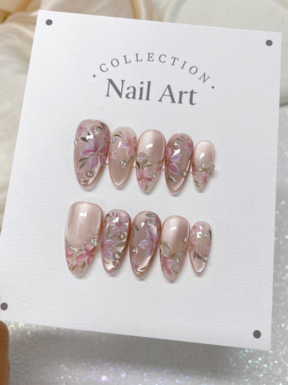 Pink Lily Press On Nails, Crystal Bead Hand Painted Custom Nail Shape, Reusable