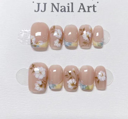White Flowers French Hand Painted Press On Nails: Custom Shape Reusable Nail Set