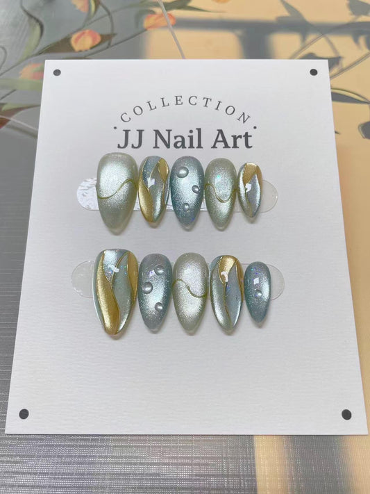 Water Bule Handmade Press On Nails: Custom Shape Reusable Set