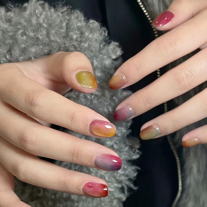 Handmade Candy Cat Eye Press On Nails: Reusable Gel Faux Nails