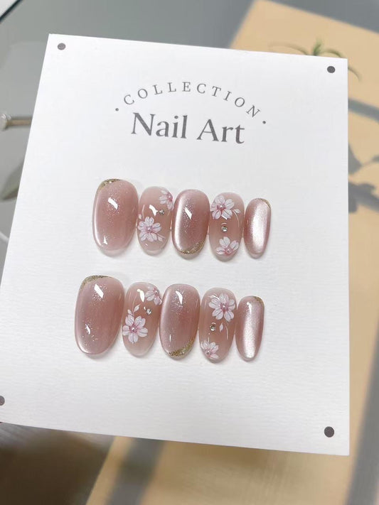 Hand Painted Flower Cat Eye Press On Nails: Reusable Faux Nails