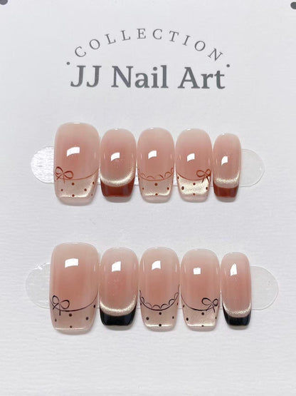 Custom Shape Press On Nails: Polka Dots French Tip Hand Painted, Reusable Fake Nails