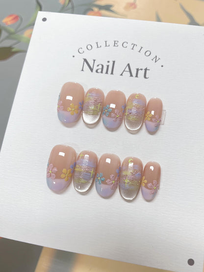 Hand Painted Flower Press On Nails: French Tip Reusable Faux Nails
