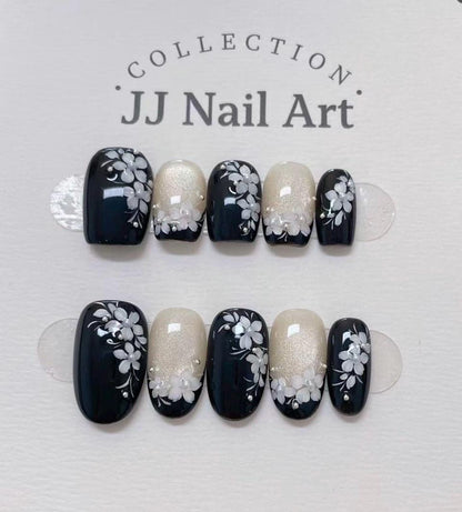 Hand Painted Petals Cat Eye Press On Nails: Custom Shape Reusable Set