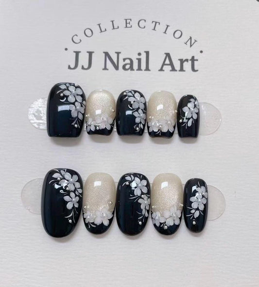 Hand Painted Petals Cat Eye Press On Nails: Custom Shape Reusable Set