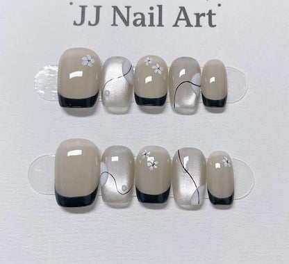 Handmade Black French With Petals Press On Nails: Custom Shape Reusable Nail Set