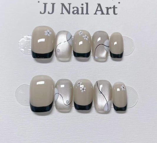 Handmade Black French With Petals Press On Nails: Custom Shape Reusable Nail Set