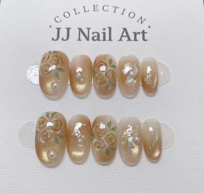Handmade Cat Eye Roses Press On Nails: Reusable Set