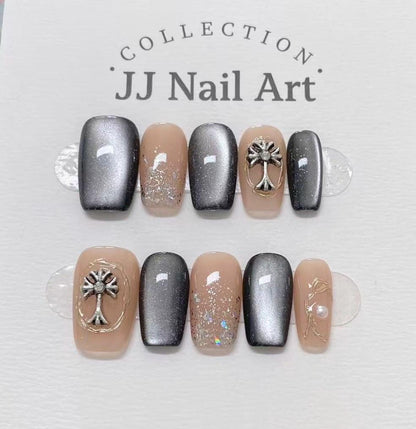 Handpainted Cross Cat Eye Petals  Press On Nails: Floral French Reusable Set