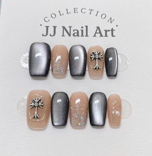 Handpainted Cross Cat Eye Petals  Press On Nails: Floral French Reusable Set