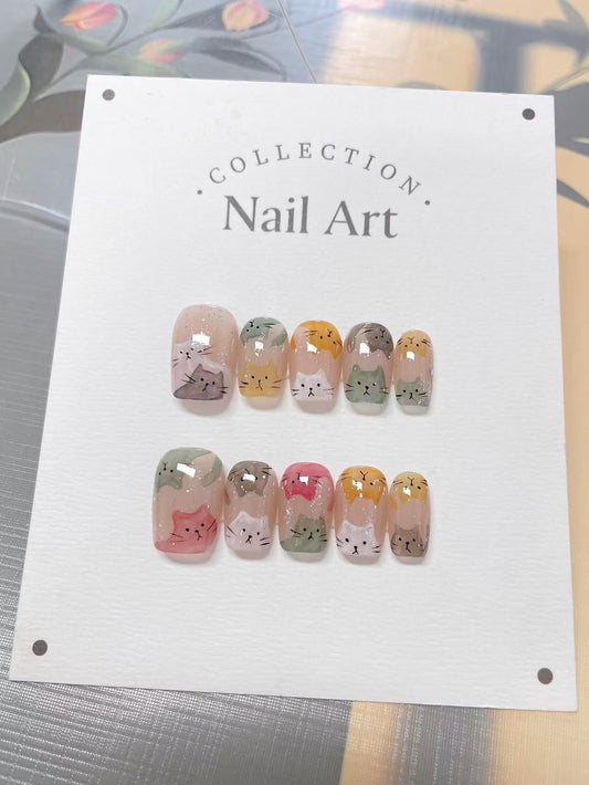 Colorful Cats Watercolor Press On Nails: Hand-Painted Reusable Faux Nails