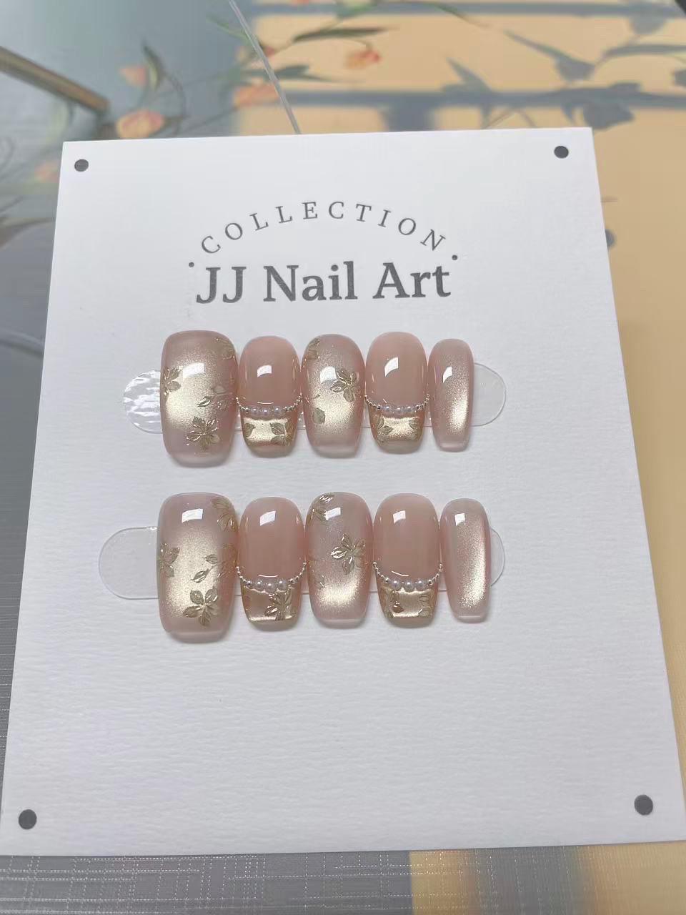 Gold Petals With Beads Press On Nails: Reusable Custom Shape Set