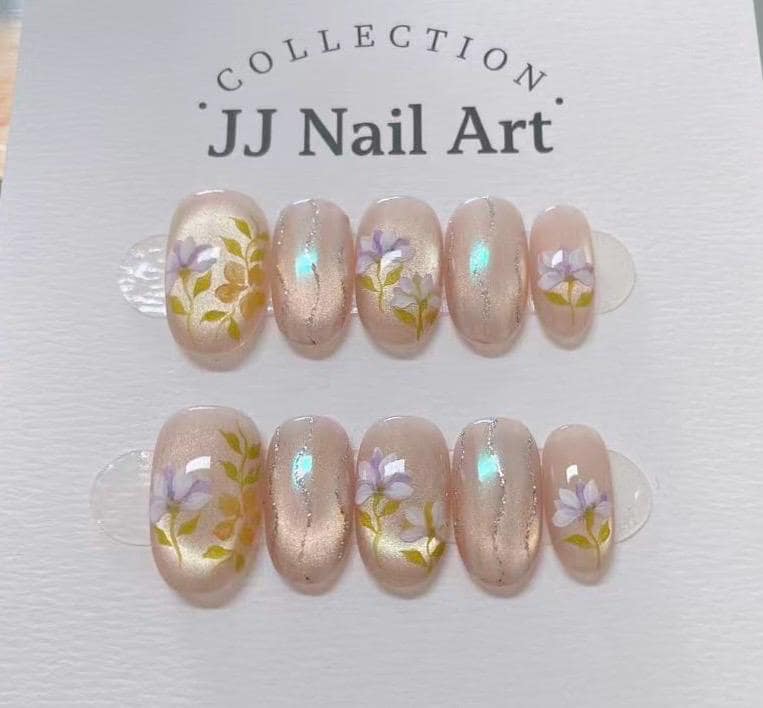 Handmade Purple Flowers Press On Nails: Reusable Set