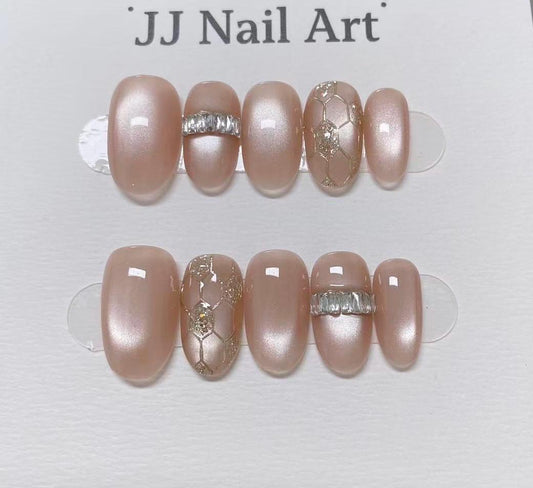 Peach Cat Ety Pattern Hand Painted Press On Nails: Custom Shape Reusable Nail Set