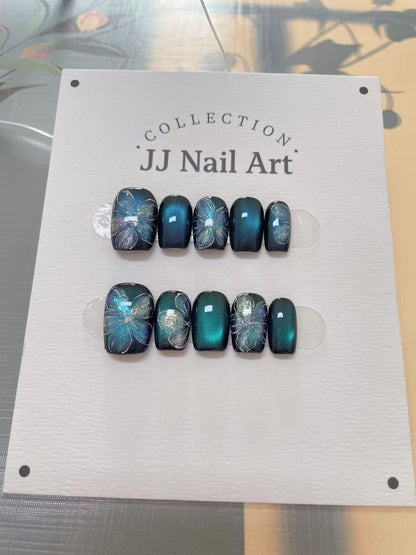 Handmade Blue Petals Cat Eye Press On Nails: Custom Shape Reusable Set